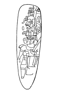Figure 10. Incised Image from celt, grayish/green jadeite, Guerrero, M&eacute;xico. Dallas Museum of Art, Height: 27.9 cm, Width: 7.9 cm, Depth: 3.8 cm