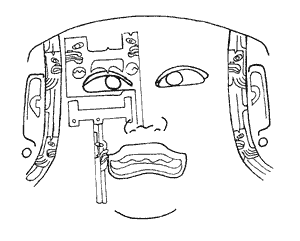 Figura 1. Máscara incisa de jadeíta blanca y gris con pigmento rojo, Arroyo Pesquero, México, Colección privada, Altura: 17 cm, Ancho: 16 cm, Profundidad: 9 cm