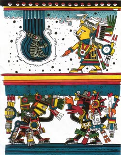 Tlazolteotl, Tezcatlipoca, and Quetzalcoatl, after Borgia Codex. Click on image to enlarge.