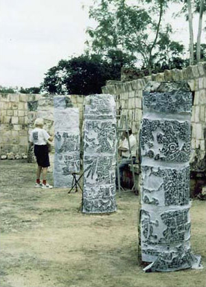 Figure 1: Merle Greene Robertson putting ink on Column 11. Palace of Sculptured Columns, Chichén Itzá. (left to right) with "Rubbings" Columns 11, 12, 13. Figure 1: Merle Greene Robertson putting ink on Column 11. Palace of Sculptured Columns, Chichén Itzá. (left to right) with "Rubbings" Columns 11, 12, 13.
