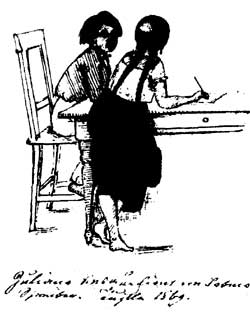 Boy and girl line drawing with caption: "Juliana Vasquez lernt von Sabino", dated 1869 - from the Berendt Collection No. 111