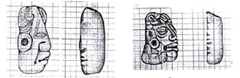 Copy of scaled drawings of carved jade artifacts from the Margarita Tomb, Copán, Honduras (original pencil drawing by Nelson Paredes, ECAP) Copy of scaled drawings of carved jade artifacts from the Margarita Tomb, Copán, Honduras (original pencil drawing by Nelson Paredes, ECAP)