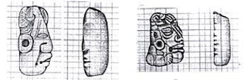 Copia de dibujos a escala de artefactos de jade labrado de la Tumba Margarita, Copán, Honduras (dibujo a lápiz original de Nelson Paredes, ECAP)