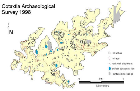 Figure 2. Map of the Cotaxtla mesa top, showing archaeological feature limits.