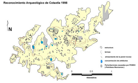 Figura 2. Mapa de la parte superior de la mesa de Cotaxtla, en el que se observan los límites de los rasgos arqueológicos.
