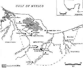 Figura 1. Sitios arqueológicos olmecas en el sur de Veracruz y en el este de Tabasco, México.