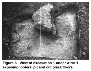 Figure 6. View of excavation 1 under Altar 1 exposing looters' pit and cut plaza floors. Figure 6. View of excavation 1 under Altar 1 exposing looters' pit and cut plaza floors.