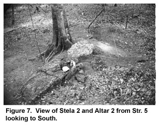 Figure 7. View of Stela 2 and Altar 2 from Str. 5 looking to South. Figure 7. View of Stela 2 and Altar 2 from Str. 5 looking to South.