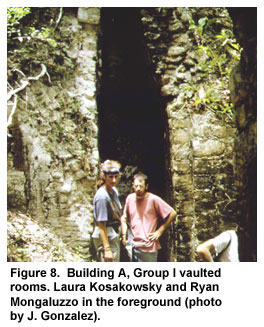 Figure 8. Building A, Group I vaulted rooms. Laura Kosakowsky and Ryan Mongaluzzo in the foreground (photo by J. Gonzalez). Figure 8. Building A, Group I vaulted rooms. Laura Kosakowsky and Ryan Mongaluzzo in the foreground (photo by J. Gonzalez).