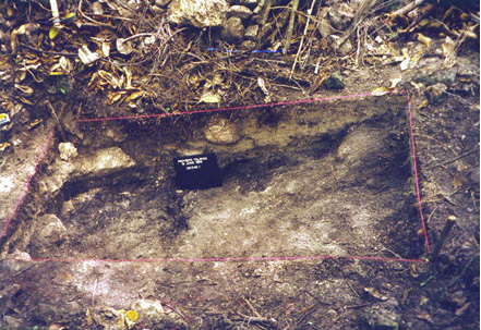 Figure 5: Unit 1, southern side of roadbed, excavation conducted during the 1999 season. Photo by Jennifer Mathews, 1999.