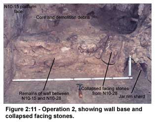 Figure 2:11-Operation 2, showing wall base and collapsed facing stones. Figure 2:11-Operation 2, showing wall base and collapsed facing stones.