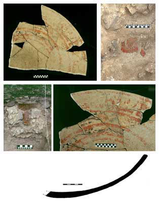 Figure 2:18-Photographs and profile of vessel LA 1289/1290/1291/1 during excavation and after analysis. Figure 2:18-Photographs and profile of vessel LA 1289/1290/1291/1 during excavation and after analysis.