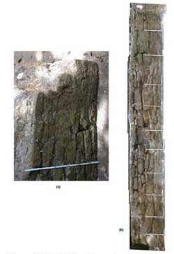 Figure 2:22-(a) Southwest corner of N10-28. (b) photo mosaic elevation of west N10-28 terrace. Figure 2:22-(a) Southwest corner of N10-28. (b) photo mosaic elevation of west N10-28 terrace.