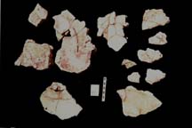 Figure 3:11 - These fragments represent a pictorial image of a seated figure, painted red, set against a green background.
