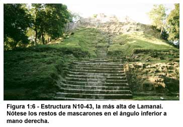 Figura 1:6-Estructura N10-43, la m&aacute;s alta de Lamanai. N&oacute;tese los restos de mascarones en el &aacute;ngulo inferior a mano derecha.