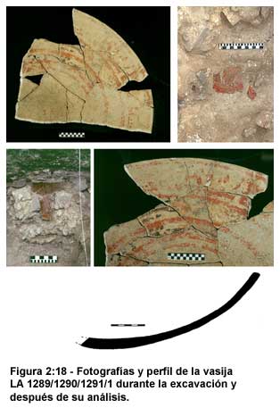 Figura 2:18-Fotograf&iacute;as y perfil de la vasija LA 1289/1290/1291/1 durante la excavaci&oacute;n y despu&eacute;s de su an&aacute;lisis.