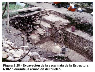 Figura 2:28-Excavaci&oacute;n de la escalinata de la Estructura N10-15 durante la remoci&oacute;n del n&uacute;cleo.