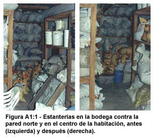 Figura A1:1-Estanter&iacute;as en la bodega contra la pared norte y en el centro de la habitaci&oacute;n, antes (izquierda) y despu&eacute;s (derecha).