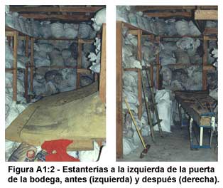Figura A1:2-Estanter&iacute;as a la izquierda de la puerta de la bodega, antes (izquierda) y despu&eacute;s (derecha).