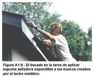 Figura A1:9-El becado en la tarea de aplicar espuma selladora expandible a los huecos creados por el techo met&aacute;lico.