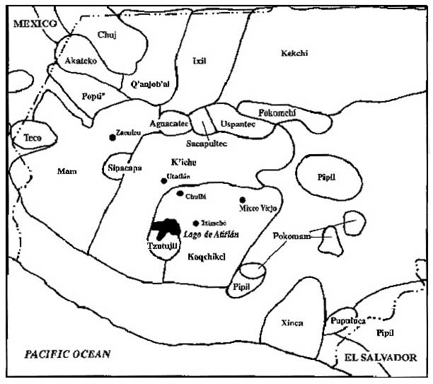 Figure 1. Map of southern Guatemala, showing the location of Iximché in relation to language areas and some important sites.