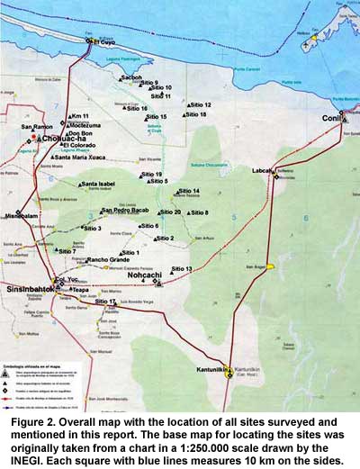 Figure 2. Overall map with the location of all sites surveyed and mentioned in this report. The base map for locating the sites was originally taken from a chart in a 1:250.000 scale drawn by the INEGI. Each square with blue lines measures 10 km on the sides.