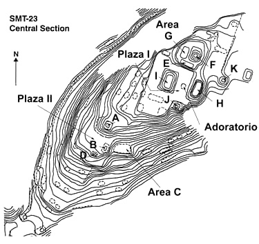 Figure 2. Los Mogotes site based on a topographic map by C. Spencer and E. Redmond