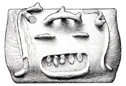 Figura 3: Cuenco con efigie de cocodrilo, amarillo-naranja sin nombre, encontrado en el Enterratorio 6 de la Estructura P8-9 del Preclásico Tardío. Dibujo de Ruth Dickau.