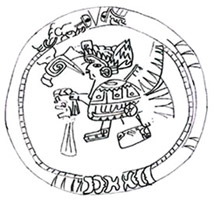 Figure 6b: Two decorated slate mirror backs were recovered from the Margarita Tomb during the 2000 field season. This drawing of Disk 2 shows a winged Teotihuacán figure standing in profile.