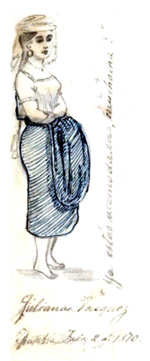 Line drawing of a girl with the captions: "Juliana Vasquez" and "Ya estás acomodada, muchacha?", dated 1870 - from the Berendt Collection No. 111