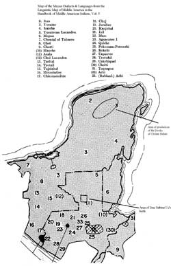 Map of the Mayan Dialects & Languages from the "Linguistic Map of Middle America" in the Handbook of Middle American Indians, Vol 5. Map of the Mayan Dialects & Languages from the "Linguistic Map of Middle America" in the Handbook of Middle American Indians, Vol 5.