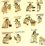 Image - Folio 69v shows the various trades and crafts that young men might practice including: carpenter, painter, featherworker, lapidary, and metalworker