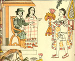 Image - The Lienzo de Tlaxcala indicates that Cortés was welcomed back to Tlaxcala where he offered as a gift - the emblem of the Aztec commander he had killed.