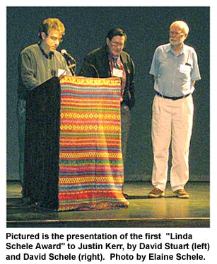 Pictured is the presentation of the first "Linda Schele Award" to Justin Kerr, by David Stuart (left) and David Schele (right). Photo by Elaine Schele.