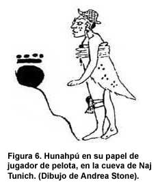 Figura 6. Hunahpú en su papel de jugador de pelota, en la cueva de Naj Tunich. (Dibujo de Andrea Stone). Figura 6. Hunahpú en su papel de jugador de pelota, en la cueva de Naj Tunich. (Dibujo de Andrea Stone).