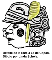 Detalle de la Estela 63 de Copán. Dibujo por Linda Schele. Detalle de la Estela 63 de Copán. Dibujo por Linda Schele.
