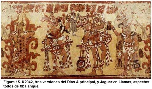 Figura 15. K2942, tres versiones del Dios A principal, y Jaguar en Llamas, aspectos todos de Xbalanqué.