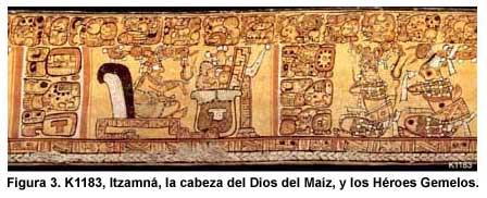 Figura 3. K1183 Itzamná, la cabeza del Dios del Maíz, y los Héroes Gemelos.
