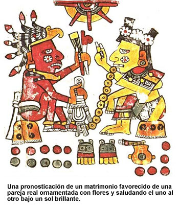 Imagen - Una pronosticación de un matrimonio favorecido de una pareja real ornamentada con flores y saludando el uno al otro bajo un sol brillante.