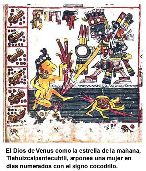 Imagen - El Dios de Venus como la estrella de la mañana, Tlahuizcalpantecuhtli, arponea una mujer en días numerados con el signo cocodrilo.