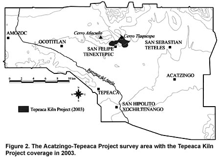 Figure 2. The Acatzingo-Tepeaca Project survey area with the Tepeaca Kiln Project coverage in 2003.