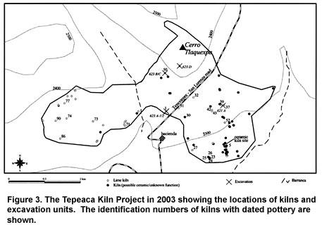 Figure 3. The Tepeaca Kiln Project in 2003 showing the locations of kilns and excavation units. The identification numbers of kilns with dated pottery are shown.