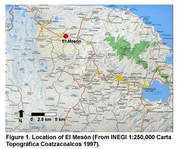 Figure 1. Location of El Mesón (From INEGI 1:250,000 Carta Topográfica Coatzacoalcos 1997). Click to enlarge.