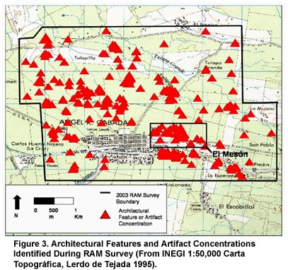 Figure 3. Architectural Features and Artifact Concentrations Identified During RAM Survey (From INEGI 1:50,000 Carta Topográfica, Lerdo de Tejada 1995). Click to enlarge.