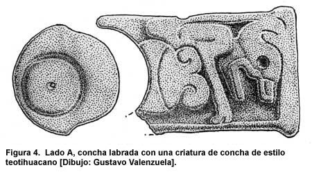 Figura 4. Lado A, concha labrada con una criatura de concha de estilo teotihuacano [Dibujo: Gustavo Valenzuela].