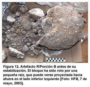 Figura 12. Artefacto R/Porci&oacute;n B antes de su estabilizaci&oacute;n. El bloque ha sido roto por una peque&ntilde;a ra&iacute;z, que puede verse proyectada hacia afuera en el lado inferior izquierdo [Foto: HFB, 7 de mayo, 2003].