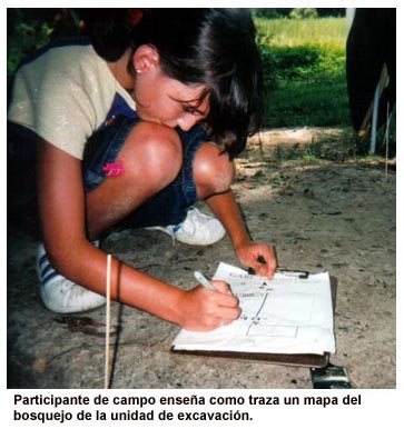 Participante de campo ense&ntilde;a como traza un mapa del bosquejo de la unidad de excavaci&oacute;n.